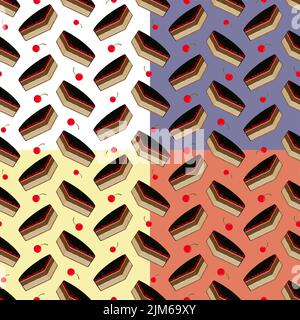 Set of geometric seamless patterns with piece of chocolate cake with dark chocolate icing. Ornament for decoration and printing on fabric. Design elem Stock Vector