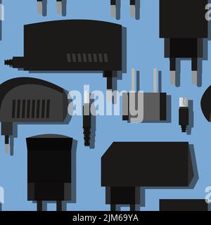 Charger. Power supply for electrical appliances. Electrical plug with rectifier. Seamless pattern. Vector. Stock Vector