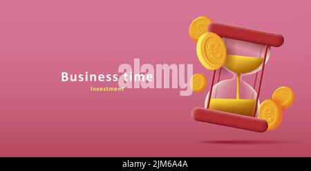 3d illustration of glass sand clock with golden money coins Stock Vector