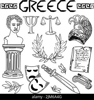 Set of ancient elements of Ancient Greece and Rome, hand-painted in sketch style. Perseus head, laurel wreath, statues, sword, Ionic and Doric order c Stock Vector