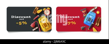 Cards template for promo discounts with school items 3d illustration Stock Vector