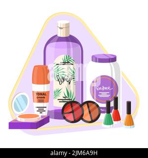 Makeup cosmetic products vector. Advertising poster design for beauty shop. Tonal cream, foundation, eyeshadow palette and nail polish. Online store, Stock Vector