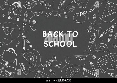 dark background with hand drawn school supplies compasses ruler numbers Stock Vector