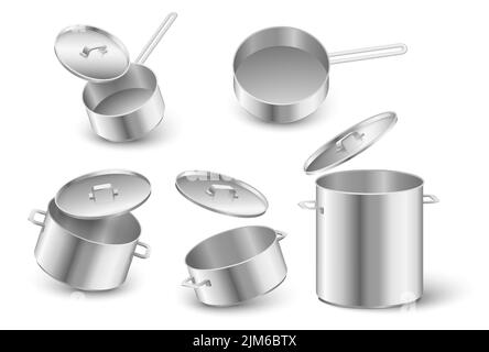 Kitchen pot and pan realistic vector set. Cookware utensils with lids illustration. Saucepan for cooking isolated on white background. Cookery equipme Stock Vector