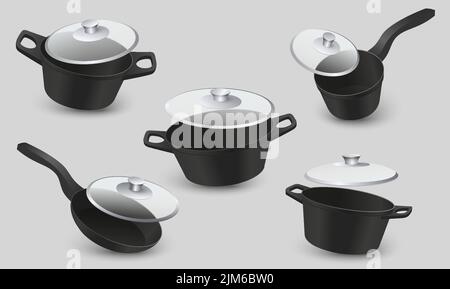 Kitchen cast iron pot and pan realistic vector set. Cookware utensils with glass lids illustration. Saucepan for cooking isolated on white background. Stock Vector