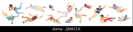 Flying people vector. Man and woman person floating in air. Hovering character illustration isolated on white background. Imagination, dreaming and in Stock Vector