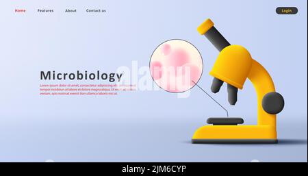 Microscope 3d illustration with virus cell, web banner Stock Vector