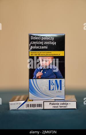 A vertical shot of L&M Link brand cigarettes in a box with a warning message Stock Photo