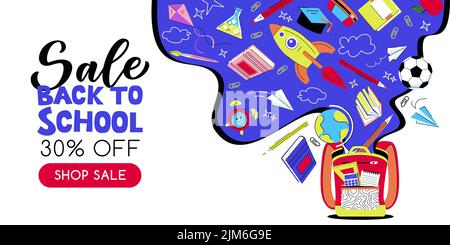 Back to school sale banner design template. Vector flat cartoon isolated illustration. Open school backpack with flying rocket, books, pencils on blue Stock Vector