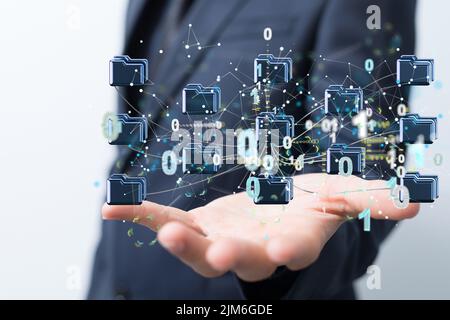 A man showing the data cloud storage network from colorful lines Stock Photo