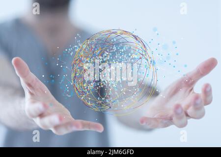 A man showing the data cloud storage network from colorful lines Stock Photo