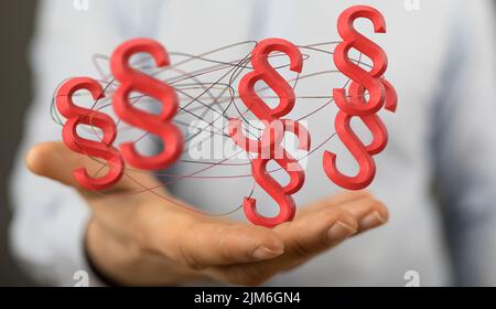 A 3D rendering of digital hologram of paragraph icons floating on hand - justice concept Stock Photo