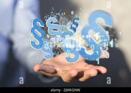 A 3D rendering of digital hologram of paragraph icons floating on hand - justice concept Stock Photo