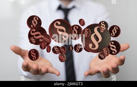 A 3D rendering of digital hologram of paragraph icons floating on hands - justice concept Stock Photo