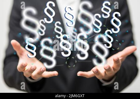 A 3D rendering of digital hologram of paragraph icons floating on hands - justice concept Stock Photo