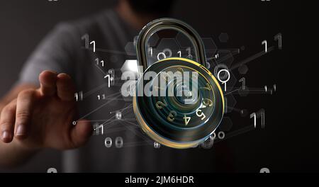 A person tapping on a digital render of a padlock with binary code- cybersecurity concept Stock Photo