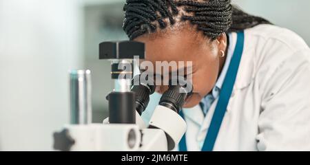 Unpacking the workings of the world. a young scientist using a microscope in a lab. Stock Photo