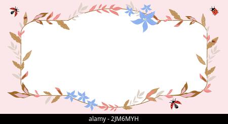 Frame With Ladybugs, Leaves And Flowers Around And Important Messages Inside. Framework With Different Plants All Over And Crutial News In. Floral Stock Vector