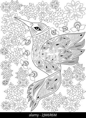 Coloring Book Page With Beautiful Bird With Different Flowers In Background. Sheet To Be Colored With Detailed Flying Creature With Various Plants In Stock Vector