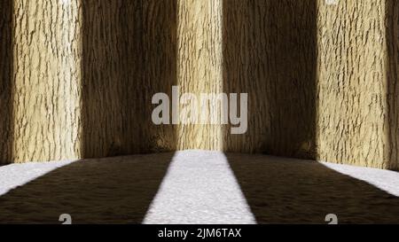 3D rendering. High quality 3d illustration. Empty room with rustic texture. Completely empty room with three front lights and space to display products or models. Wooden wall and stone floor. Stock Photo