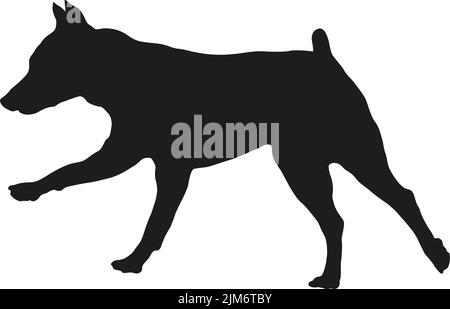 Black dog silhouette. Running and jumping miniature pinscher puppy. Pet animals. Isolated on a white background. Vector illustration. Stock Vector