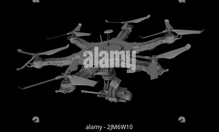 A digital render of a white combat quadcopter drone on a black background Stock Photo