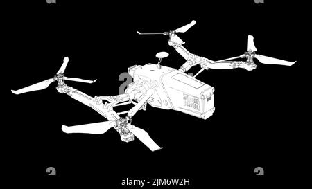 A digital render of a white combat quadcopter drone on a black background Stock Photo