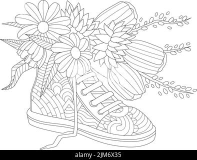 Coloring Book Page With Detailed Sneaker With Different Flowers Inside. Sheet To Be Colored With Footwear With Various Plants In. Shoe With Bouquet In Stock Vector