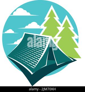 blue circle tent icon in pine forest Stock Vector