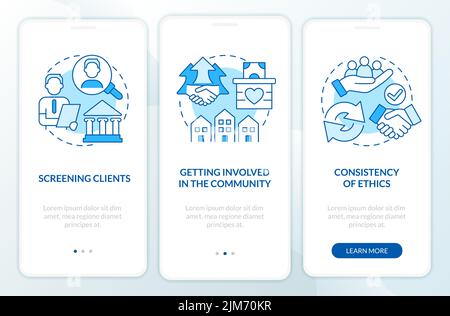 Ethical practices in banks blue onboarding mobile app screen Stock Vector