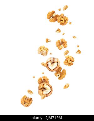 Flying walnuts isolated on white Stock Photo
