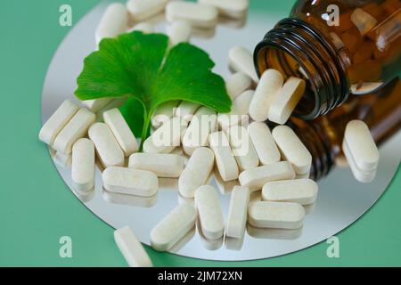 Ginkgo biloba pills. ginkgo biloba extract.Alternative medicine and homeopathy.natural pharmacy. Stock Photo