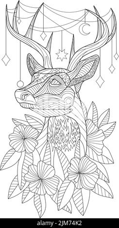 Coloring Page With Detailed Deer With Different Decorations On Horns And Flowers Around. Sheet To Be Colored With Elk With Decors Hanging On Antlers Stock Vector