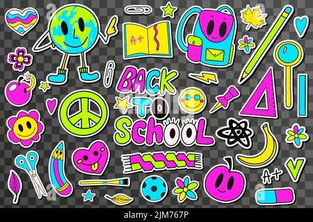 Back to school groovy stickers set in retro 70s style. Psychedelic collection of hippie design elements. Vector Stock Vector