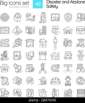Disasters and accidents preparedness linear icons set Stock Vector