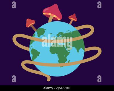 Mushrooms entwine the planet. Surreal drawing of mushrooms around planet earth. Psychedelic mushrooms. Design for posters, banners and promotional ite Stock Vector