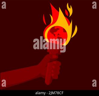 Earth burning in the flame of torch fire, illustration about global warming and excessive heat Stock Vector