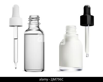 Serum dropper bottle with pipette, isolated cosmetic flask. Essential oil vial, realistic luxury eyedropper flacon set with pipet for aging treatment. Stock Vector