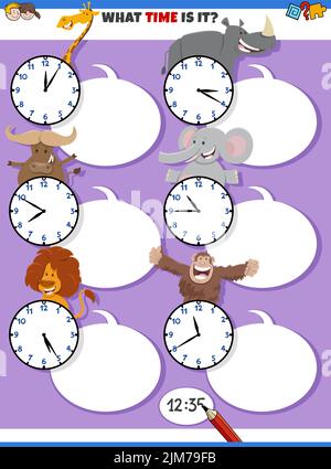 Cartoon illustrations of telling time educational task with clock faces and happy animal characters Stock Vector