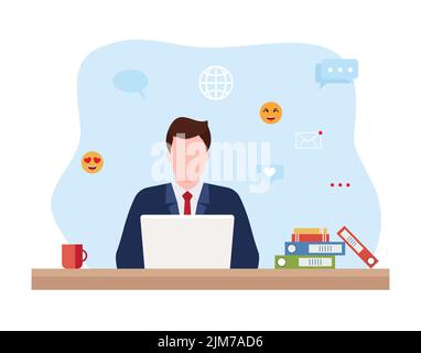 Business man entrepreneur in a suit working on a laptop computer at his clean and sleek office desk. Flat style color modern vector illustration. Eps Stock Vector