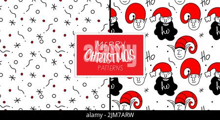 Merry Christmas set of seamless pattern with head elf and Santa Claus. The xmas black and red vector illustration in doodle art style. Trendy hand Stock Vector