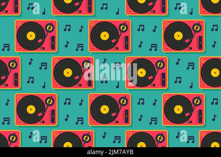 Vinyl player seamless pattern. Retro style, party Stock Vector