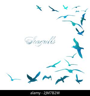 Blue seagulls flying on a white background. Vector illustration Stock Vector