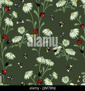 Seamless pattern of chamomile and bees. Ladybugs on flowers. Vector illustration Stock Vector
