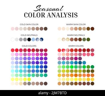 Seasonal Color Analysis Palette with Cold and Warm Color Swatches for Every Color, Neutrals, Skin Shades Stock Vector