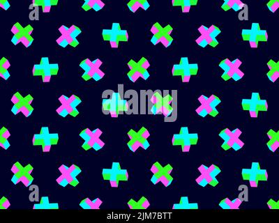 3D crosses seamless pattern. Isometric pluses of acid color. Cross shape. Acid trip. Design for posters, banners and promotional products. Vector illu Stock Vector