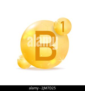 Vitamin B1 golden icon. Drop vitamin pill capsule. Stock Vector