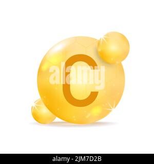 Vitamin C golden icon. Drop vitamin pill capsule. Stock Vector