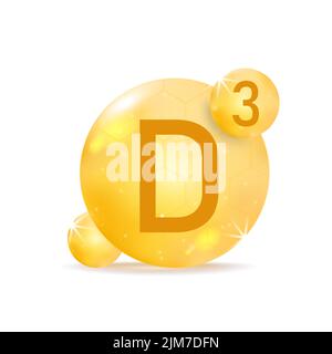 Vitamin D3 golden icon. Drop vitamin pill capsule. Stock Vector