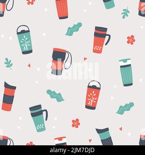 Reusable cups, thermo mug and tumblers with cover for hot coffee and tea. Hand drawn seamless pattern. Vector illustration Stock Vector